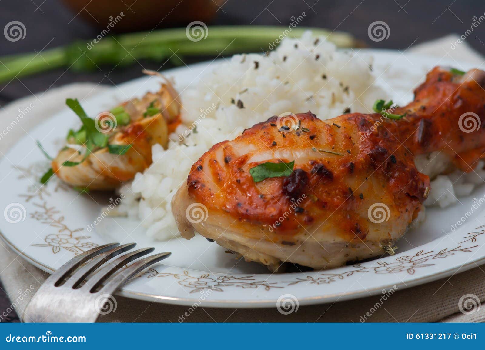 Roasted Chicken Drumstick Garnished with Rice Stock Image Image of