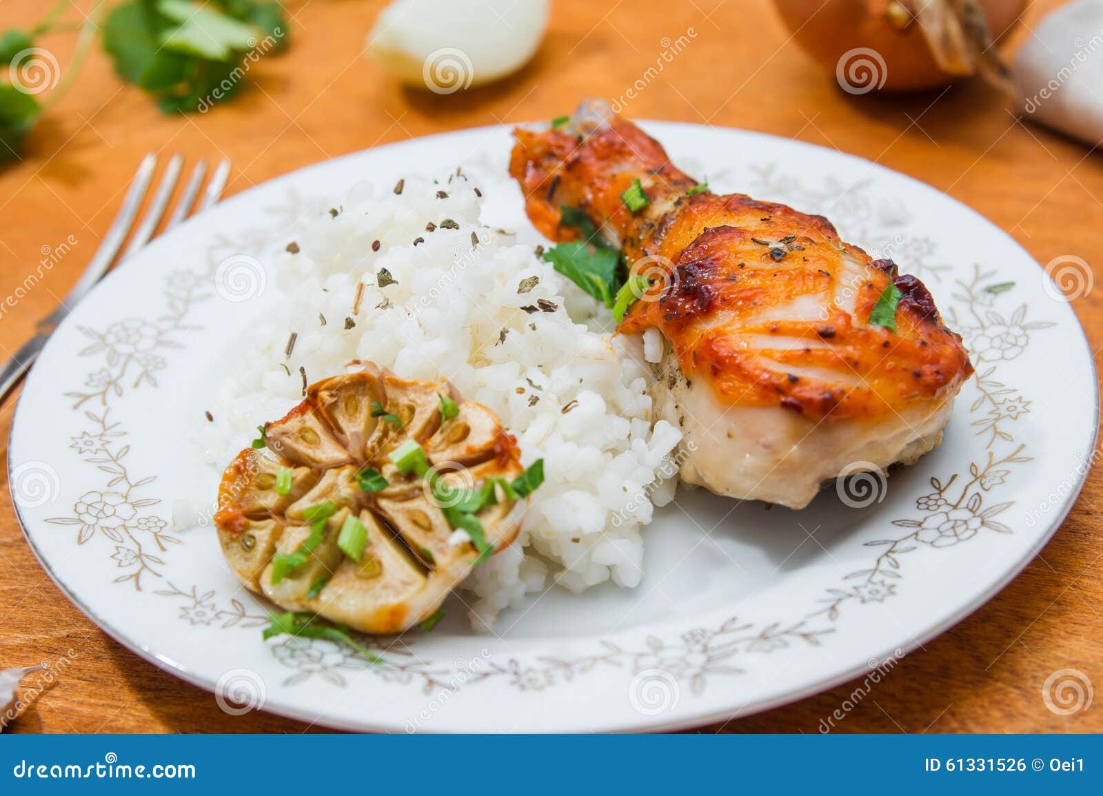 Roasted Chicken Drumstick Garnished with Rice Stock Photo Image of