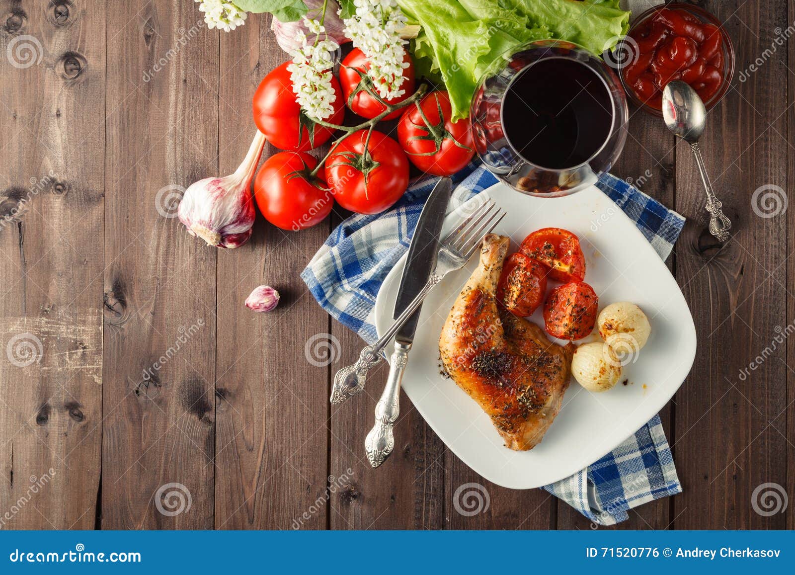 Roasted Chicken Legs with Parsley Sauce, Top View Stock Photo Image