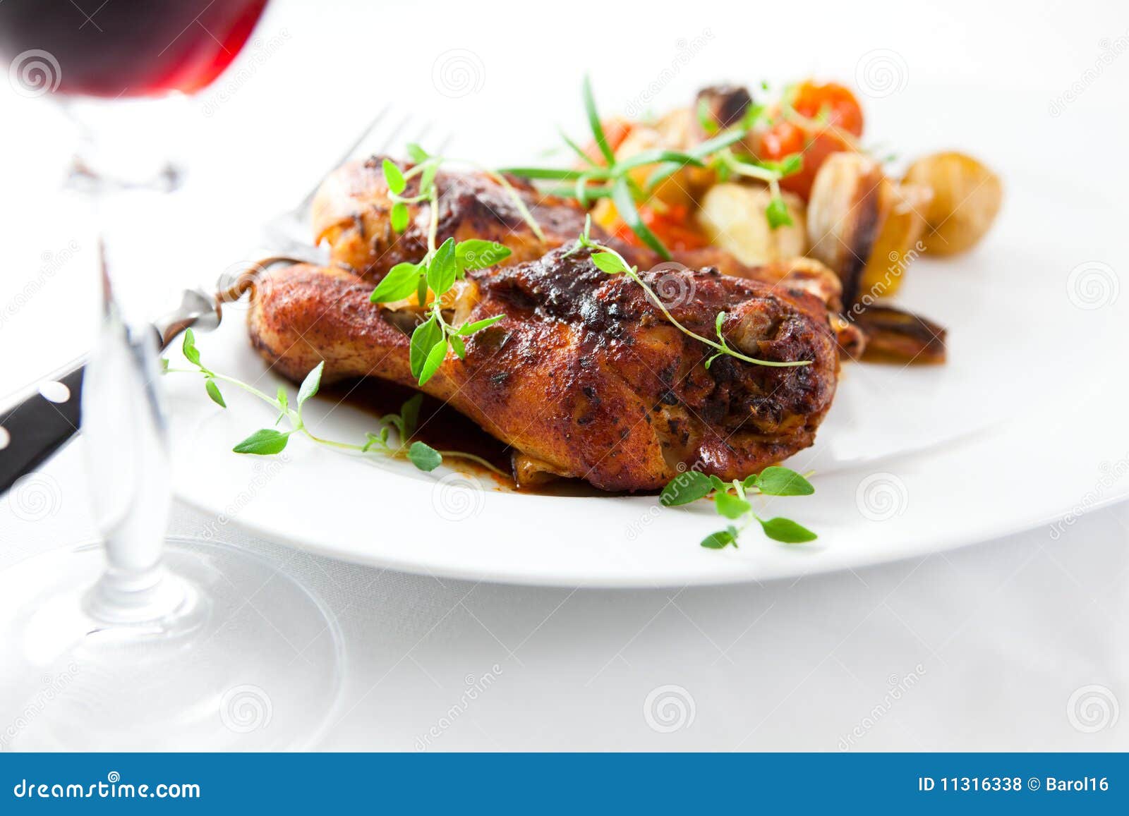 Roasted Chicken and Red Wine Stock Photo Image of cutlery, closeup