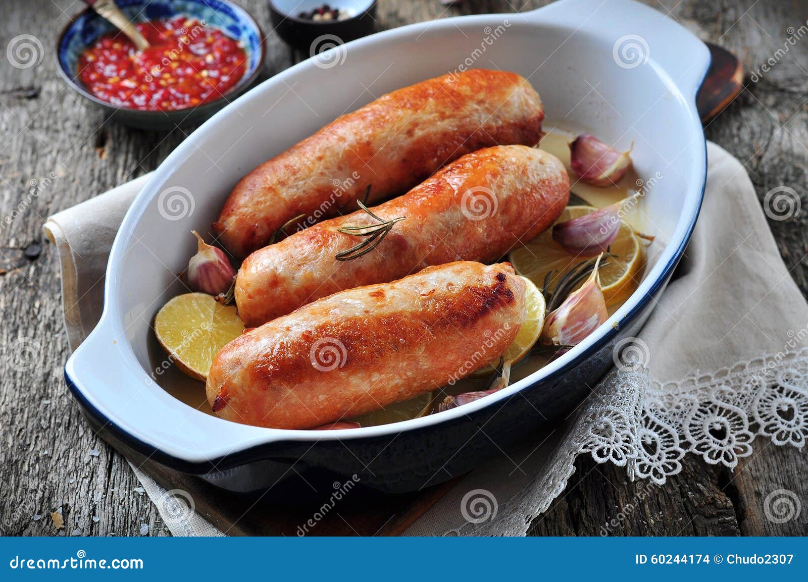 Roasted Chicken Sausage with Rosemary, Garlic and Lime Stock Photo Image of fork, grilling