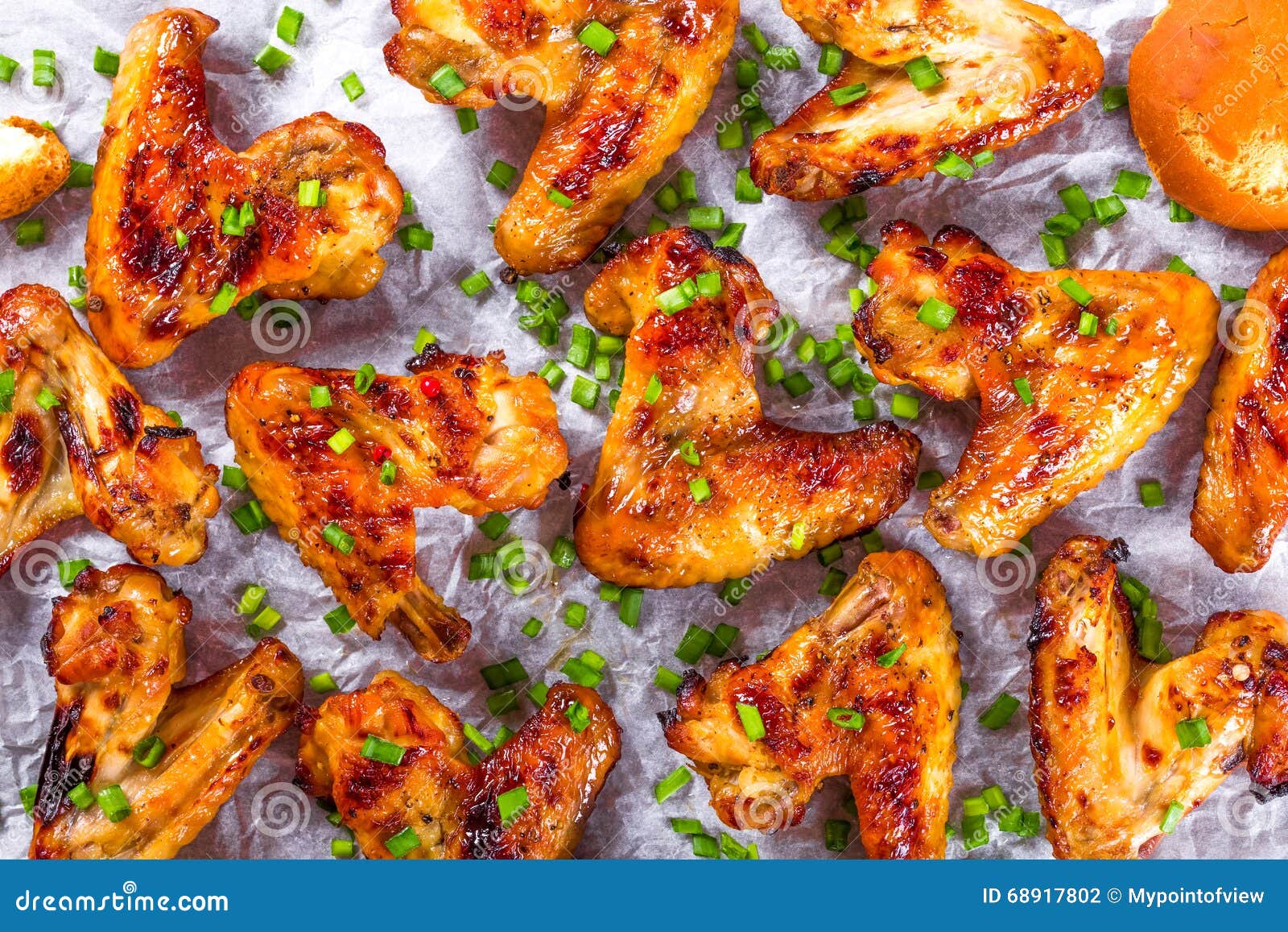Roasted Chicken Wings with Spices, Top View, Closeup Stock Photo