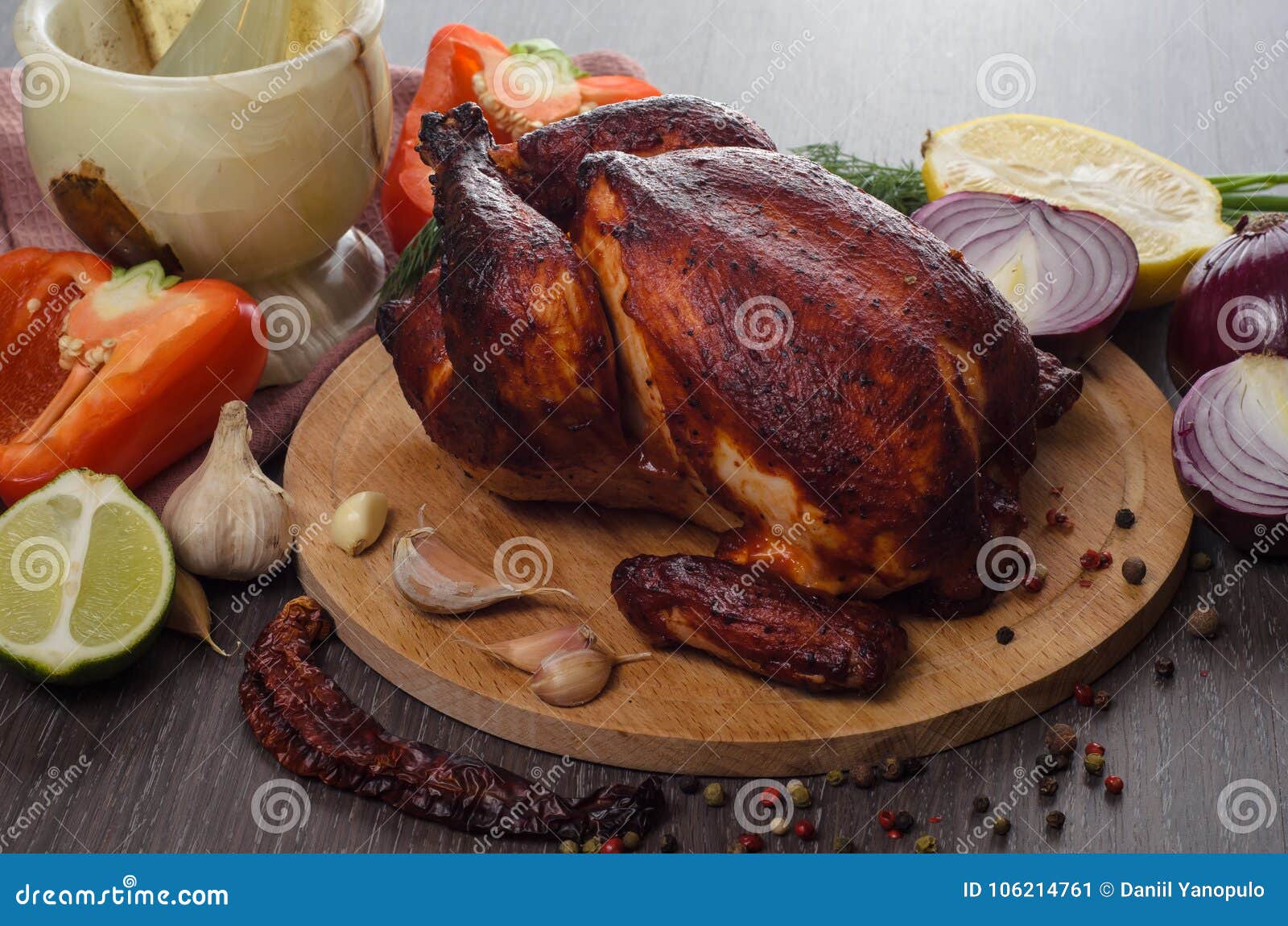Roasted Chicken on Wooden Background Stock Image - Image of drink ...
