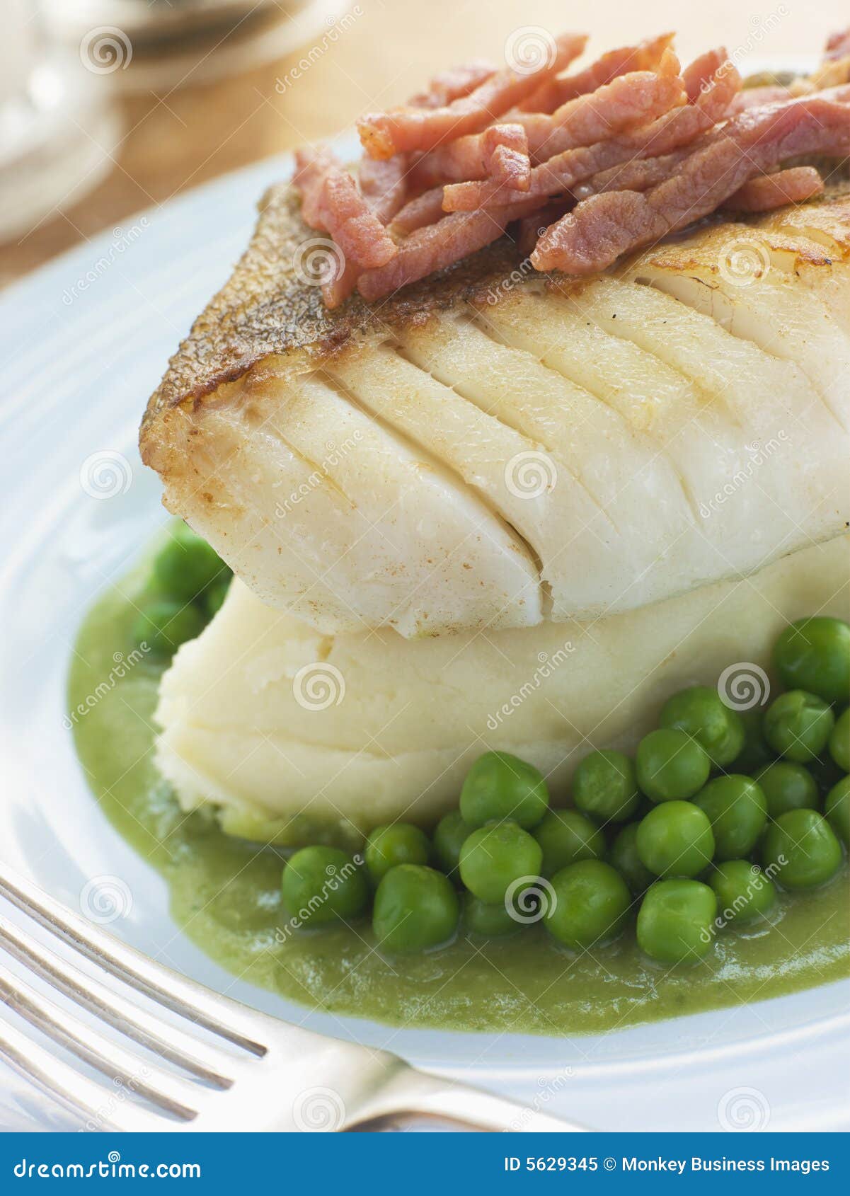 Roasted Cod Fillet with Mash Potato Peas and Bacon Stock Image Image