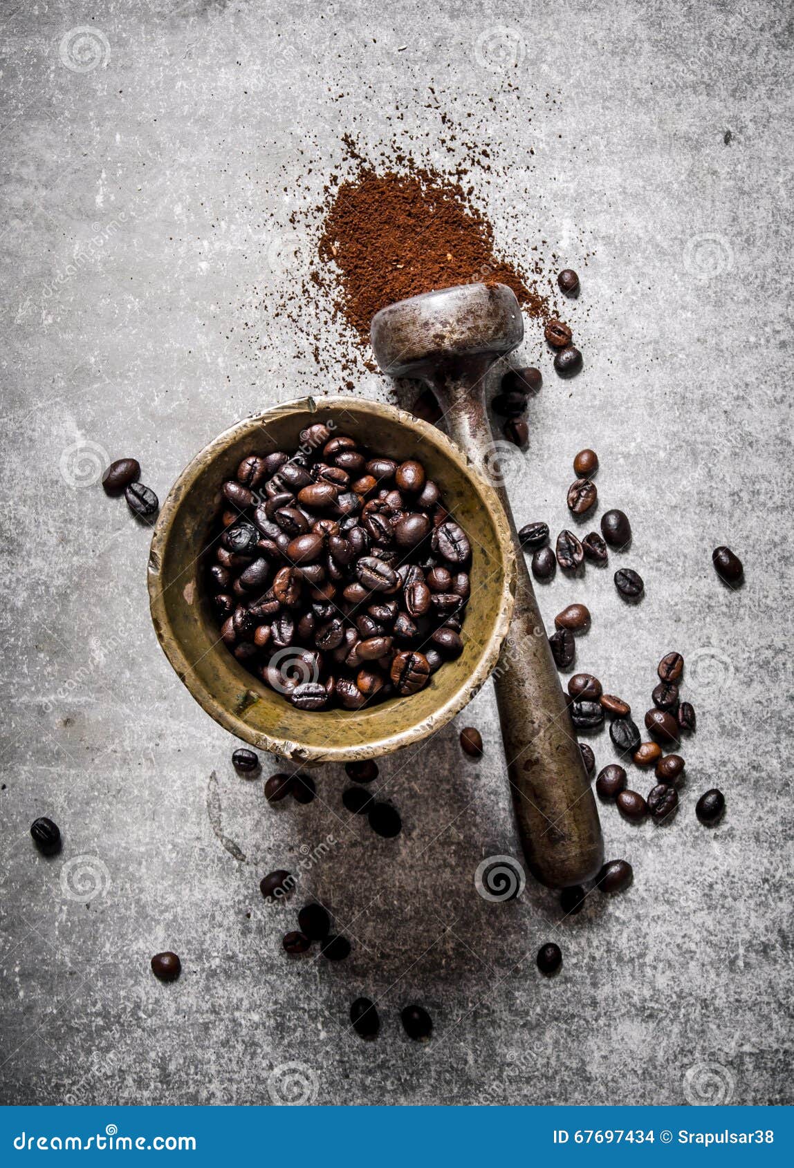 Roasted Coffee Beans in a Mortar with Pestle. Stock Photo Image of
