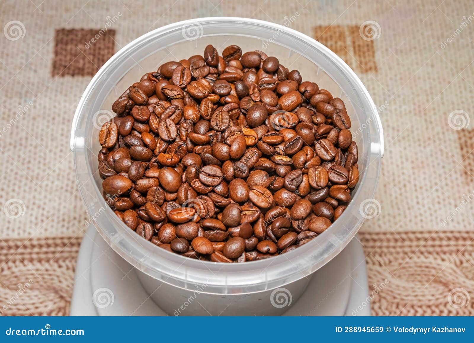Roasted Coffee Beans in a Plastic Container (small Bucket) Closeup