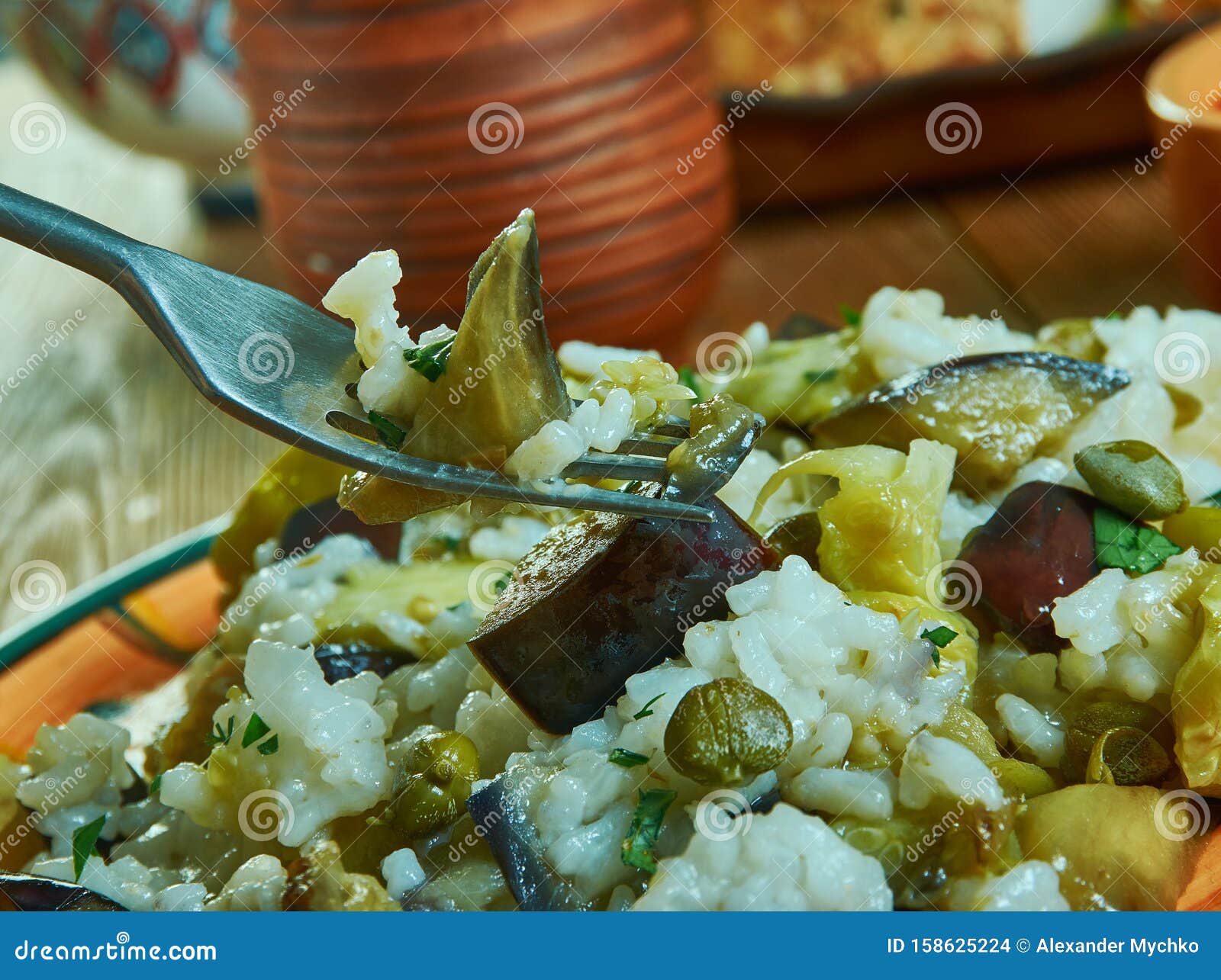 Roasted Eggplant Risotto with Capers and Basil Stock Photo Image of