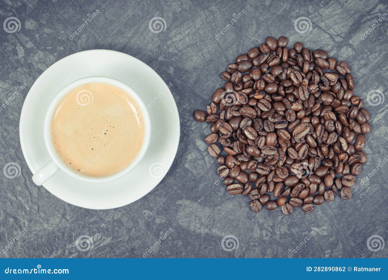 Roasted Fragrant Coffee Beans and Coffee with Milk Stock Photo Image