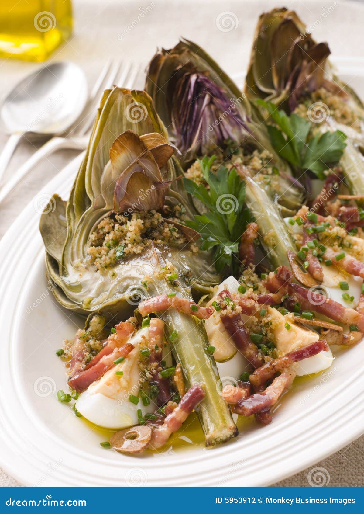 Roasted Globe Artichokes with Pancetta Egg Stock Photo Image of