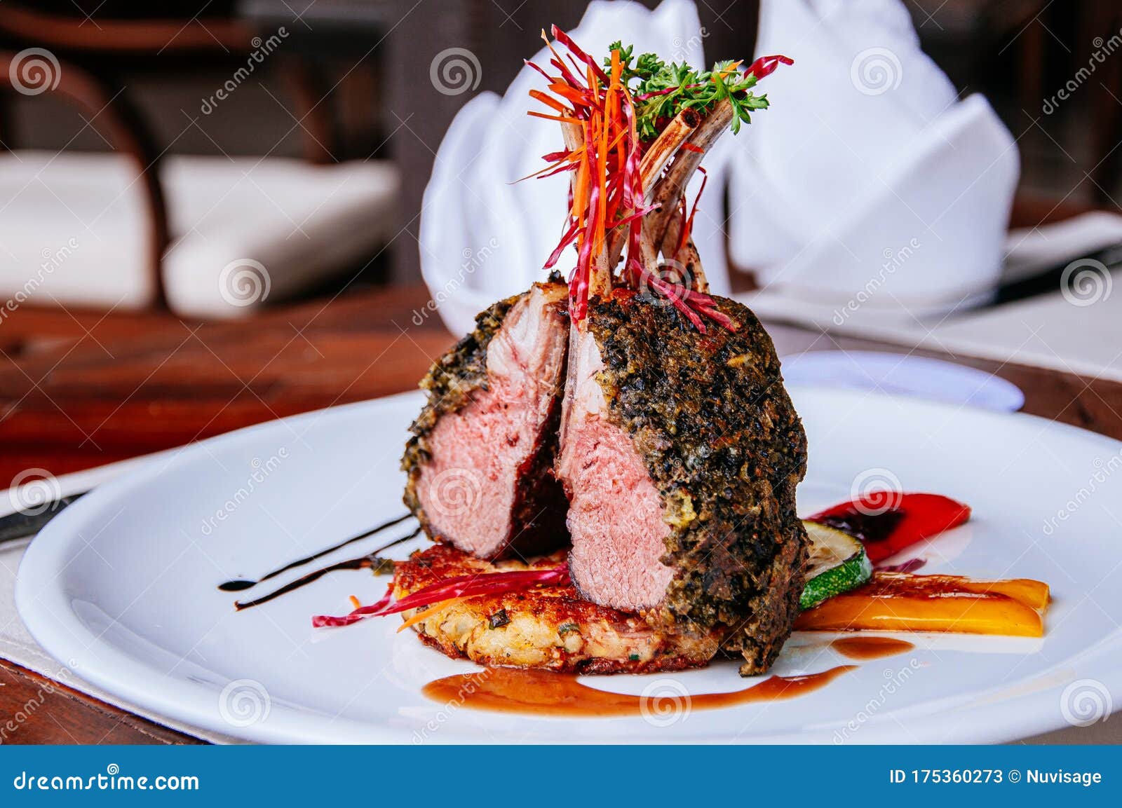 Roasted Lamb Chop Steak with Crispy Herb Crust and Grilled Vegetables