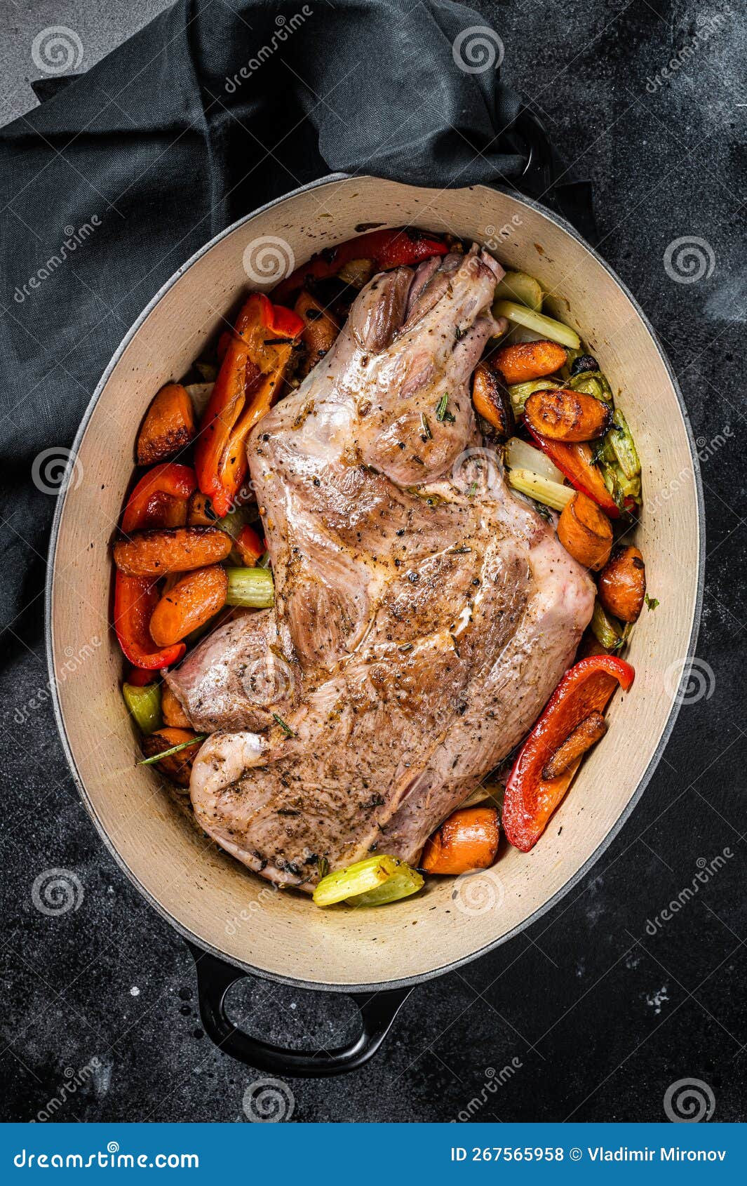 Roasted Lamb Mutton Shoulder Meat in a Baking Dish with Vegetables