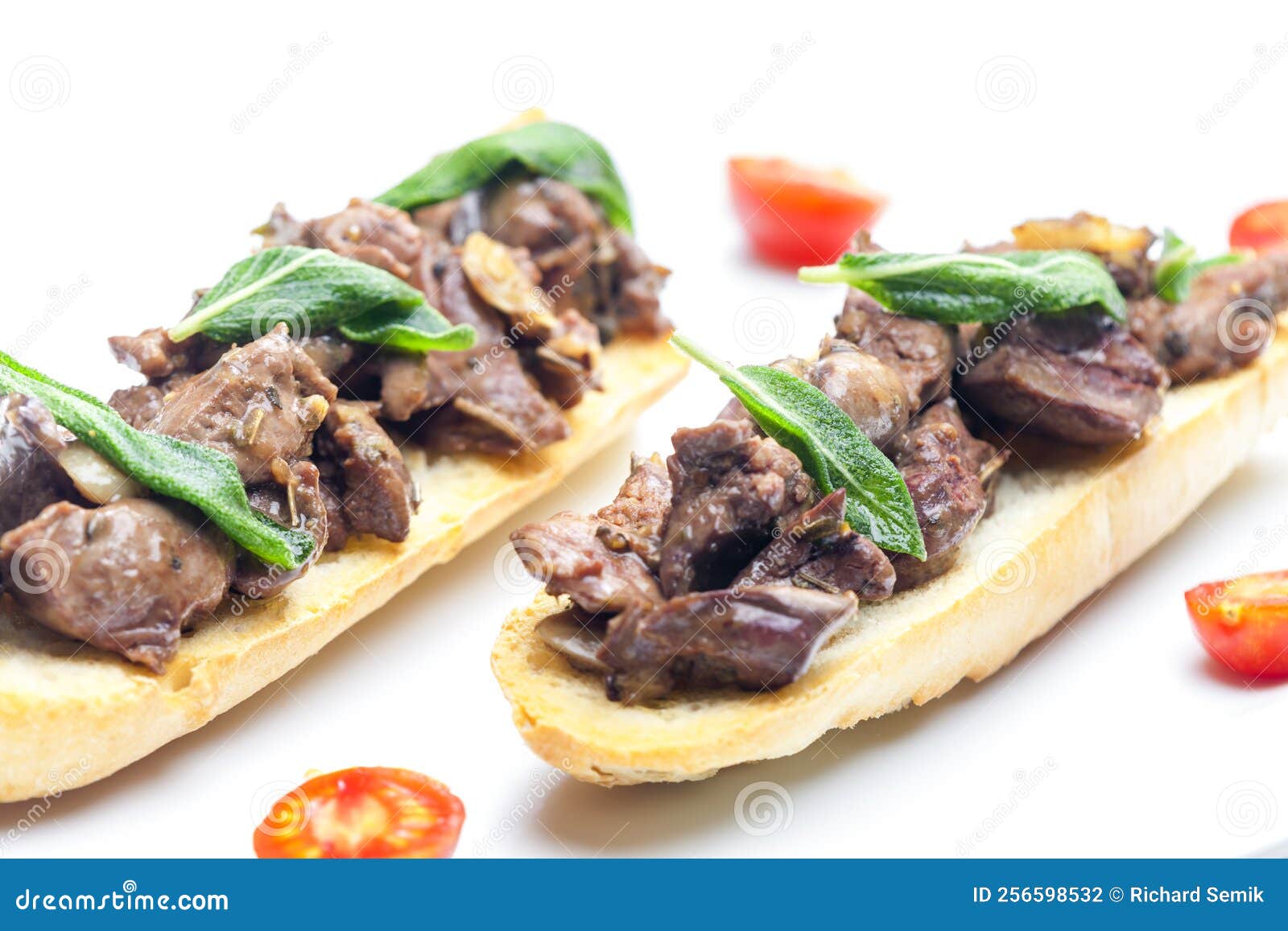 Roasted Livers on Toasted Baguette with Sage Leaves Stock Photo Image