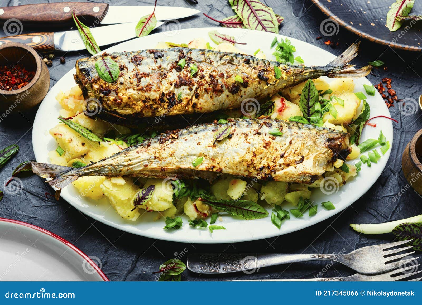 Baked Mackerel with Potatoes Stock Photo Image of grilled, roasted