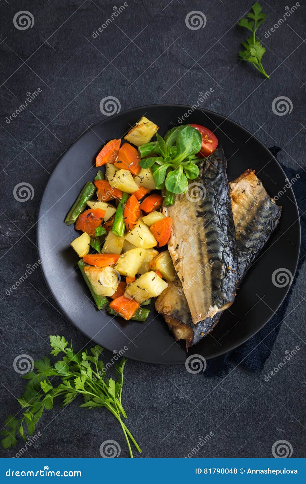 Roasted Mackerel and Vegetables Stock Photo Image of dinner, herb