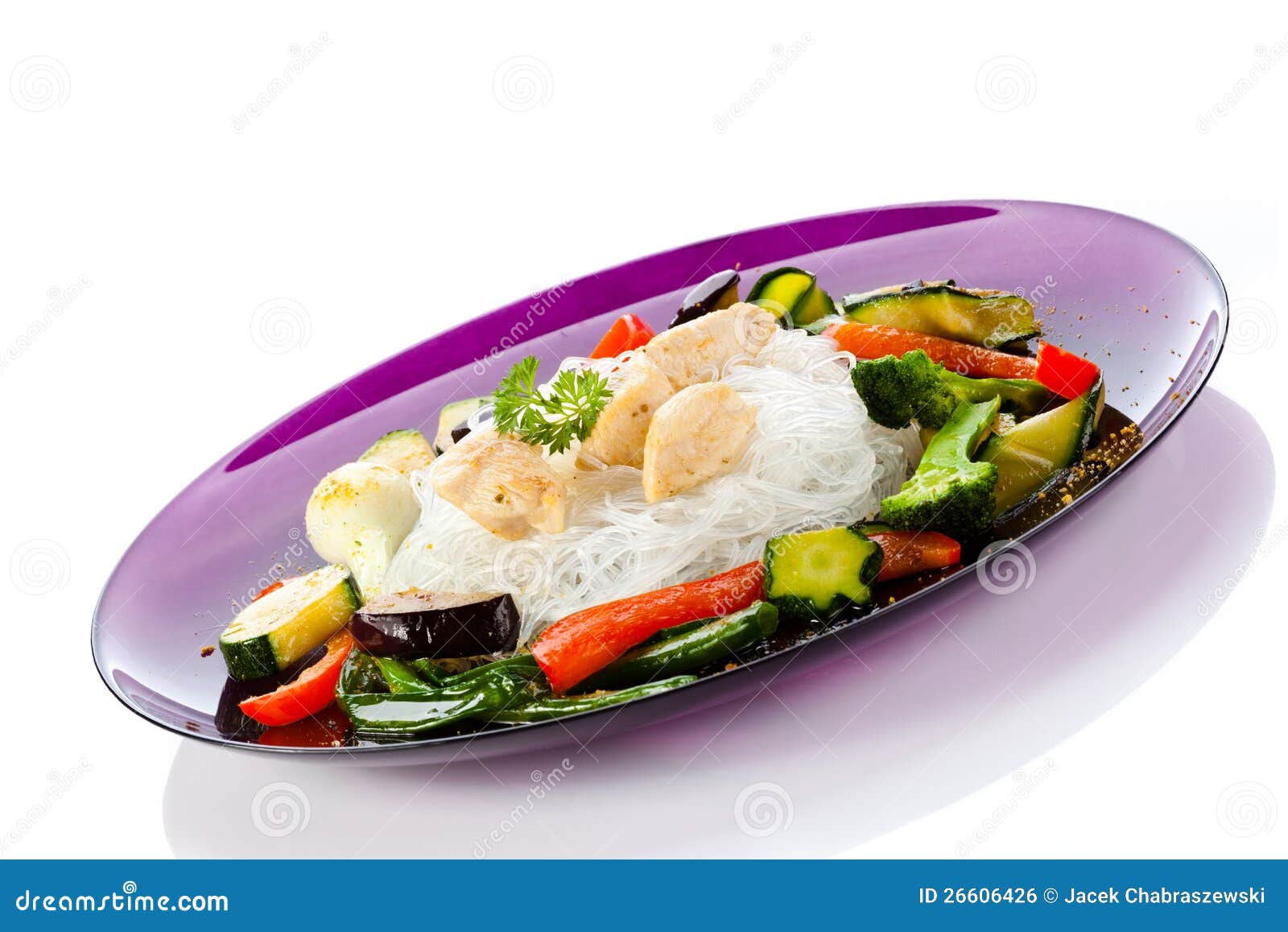 Roasted Meat, Rice Noodles and Vegetables on White Stock Photo Image