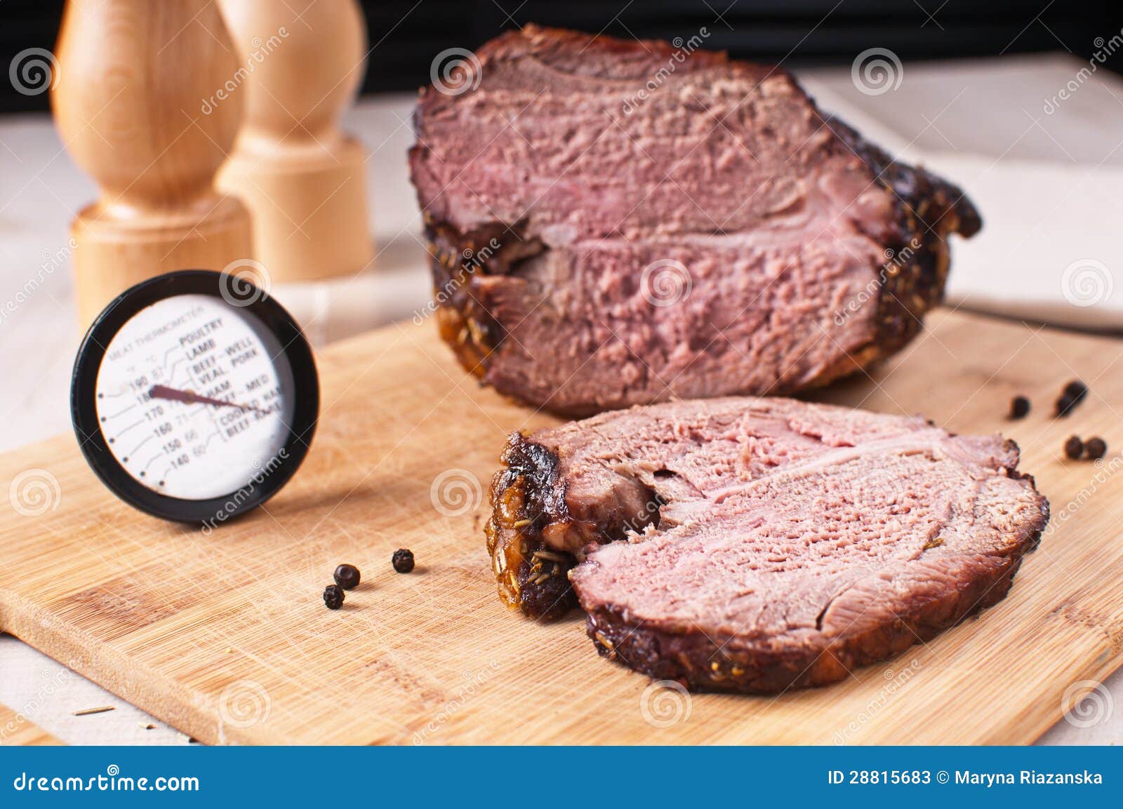 Roasted Meat Slice and Thermometer Stock Image Image of pork, roast