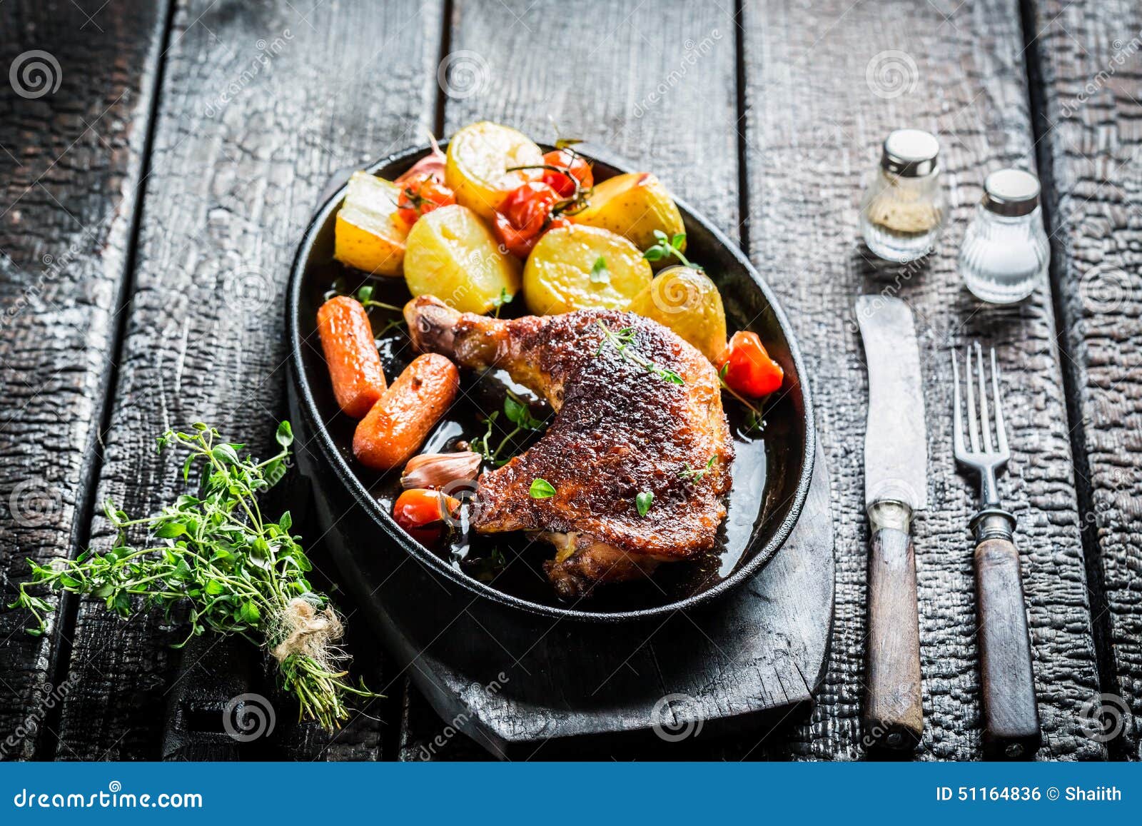 Roasted Piece of Chicken with Fresh Marjoram Stock Photo Image of