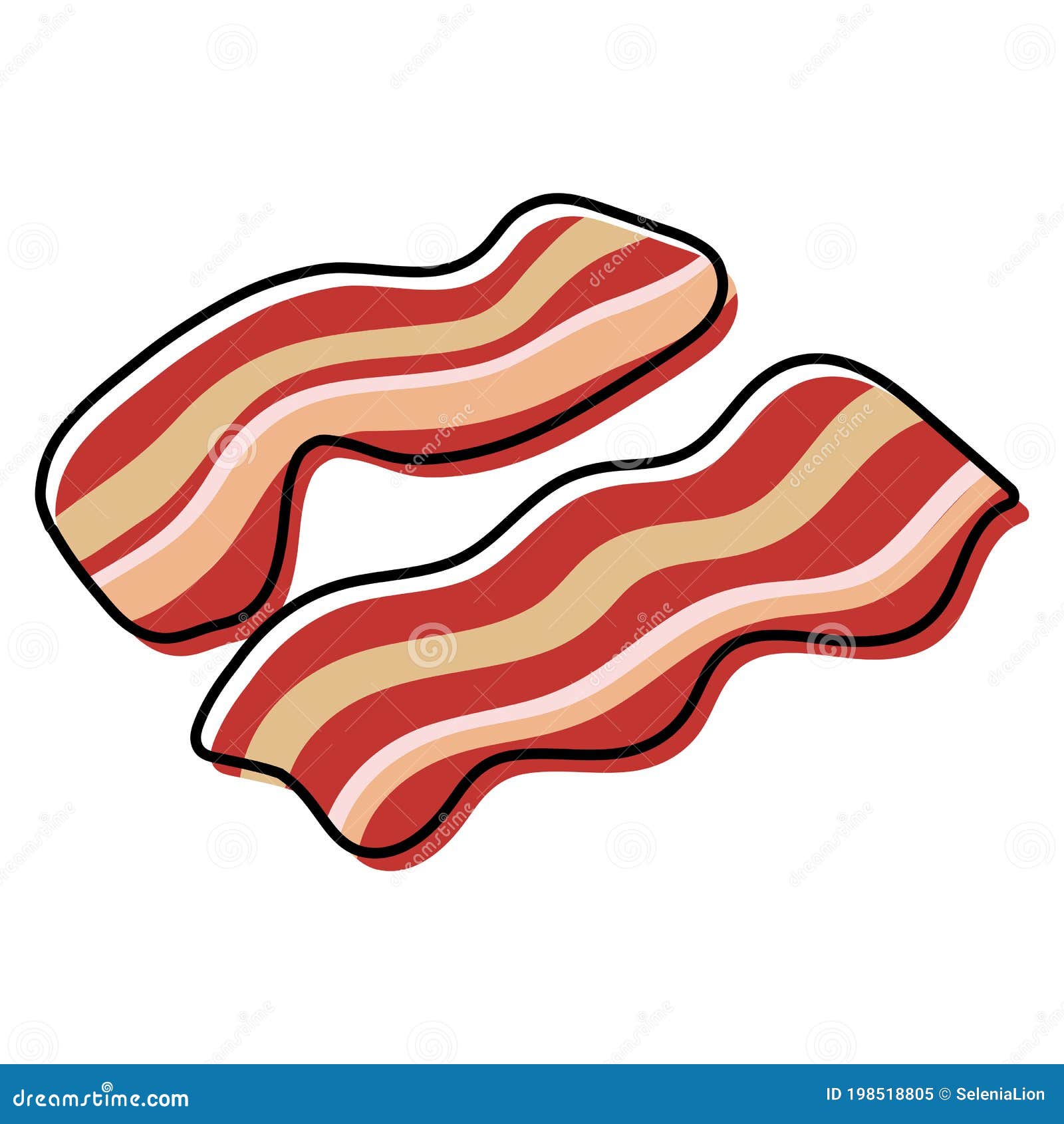 Two Slices of Wavy Bacon on White Background. Cartoony Bacon Strips