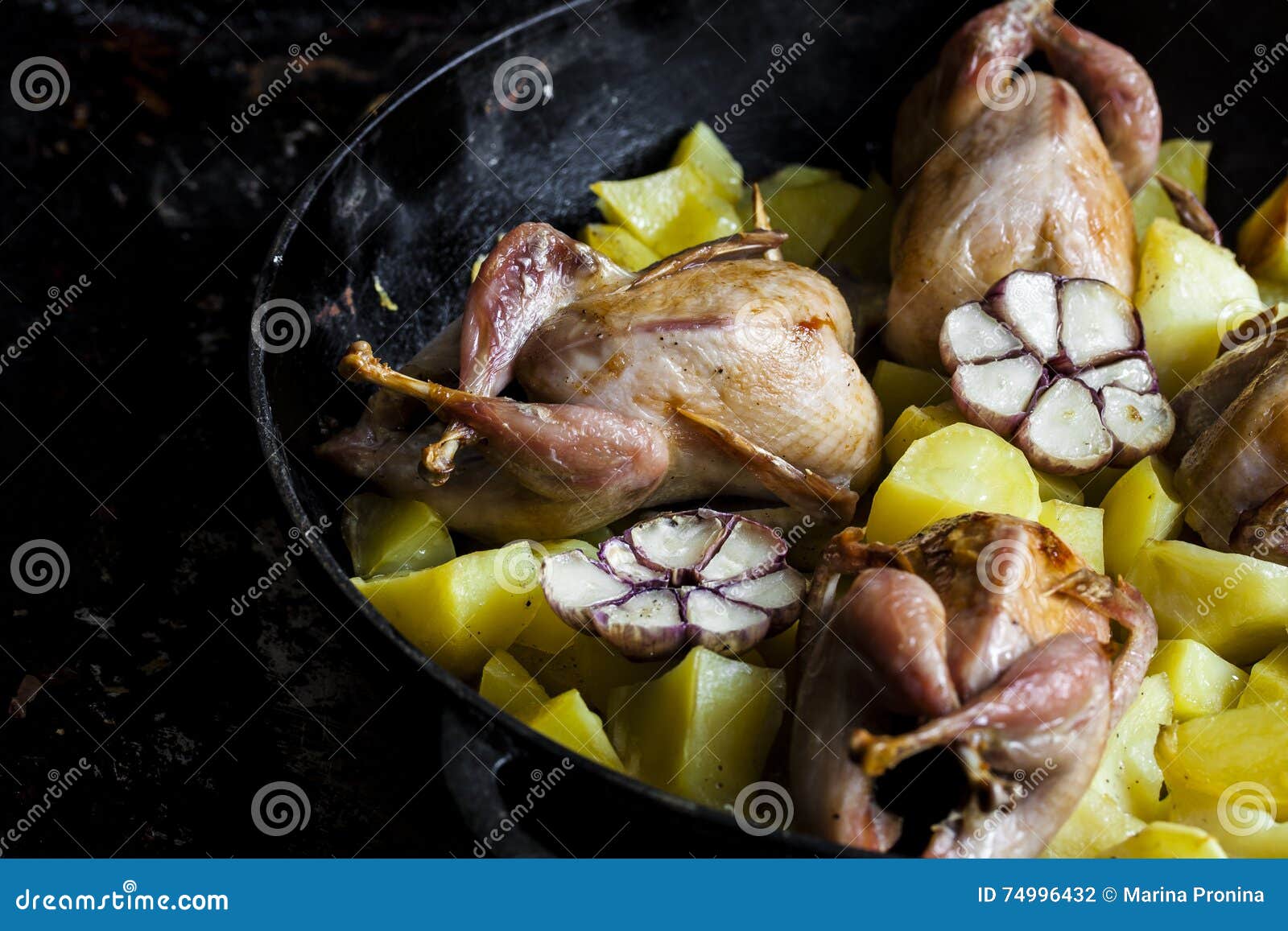 Roasted Quail with Potato Wedges Stock Photo Image of brown, lunch