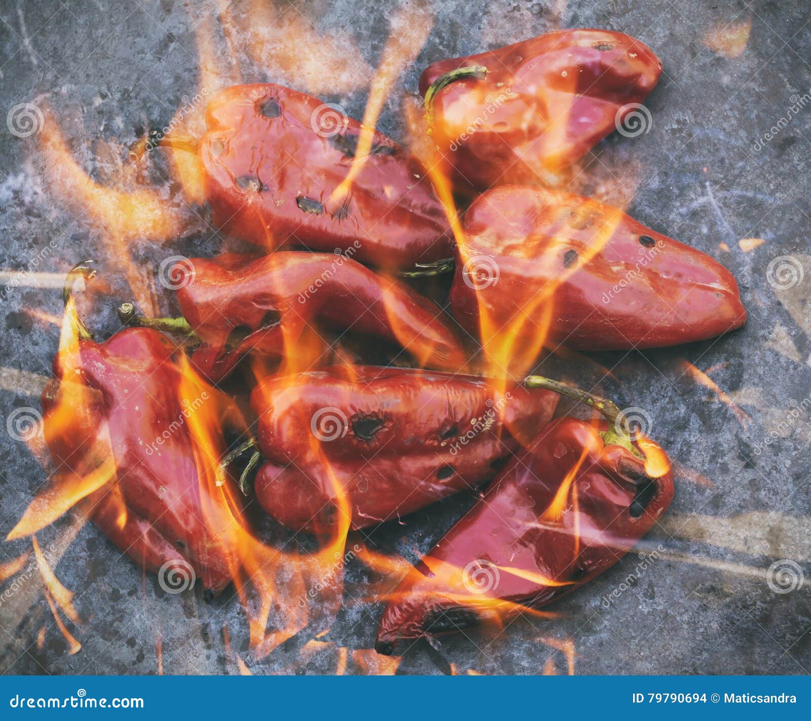 Roasted Red Peppers on the Barbecue, Double Exposure. Stock Photo