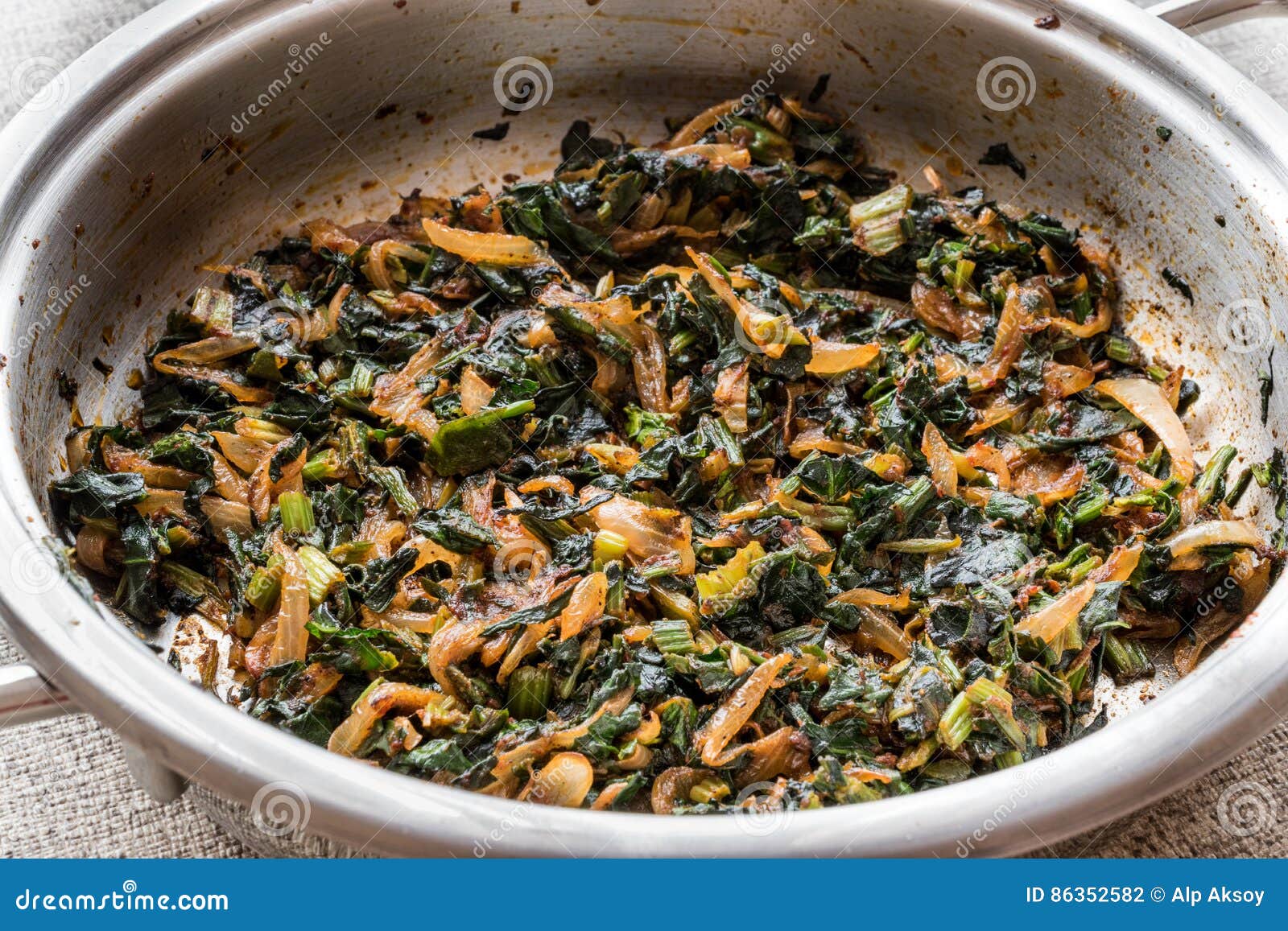 Roasted Spinach in pan. stock photo. Image of feta, dish 86352582