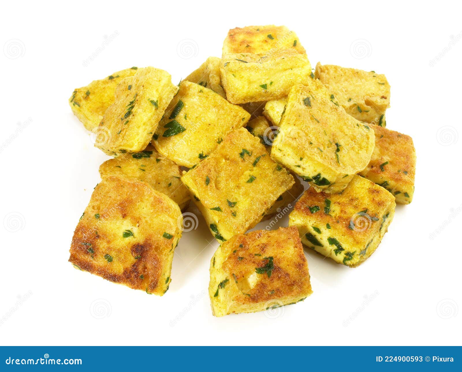 Roasted Tofu Cubes with Curry on White Background - Isolated Stock
