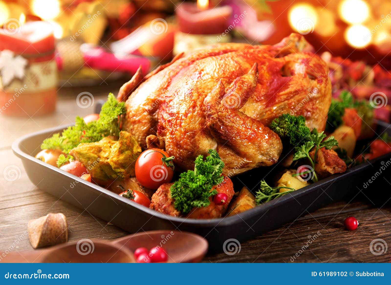 Roasted Turkey Garnished with Potato. Thanksgiving or Christmas Dinner ...