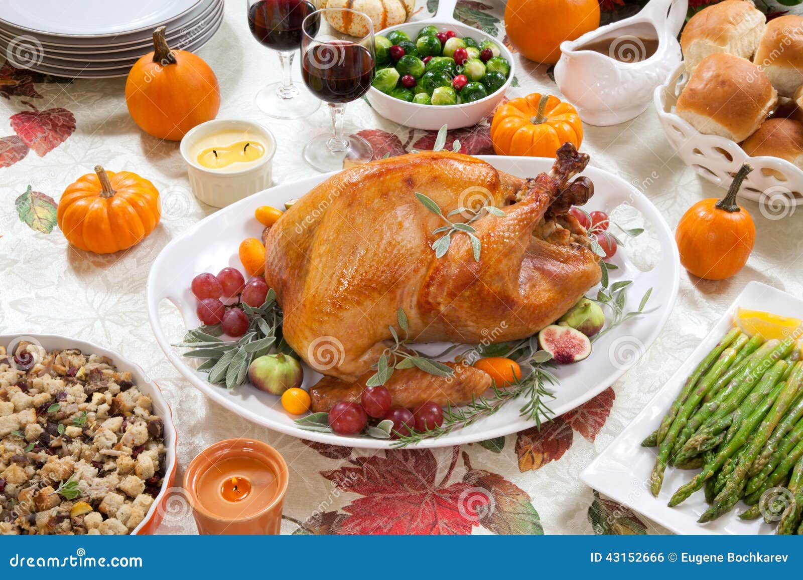 Roasted Turkey on Harvest Table Stock Photo - Image of candles, fruits ...