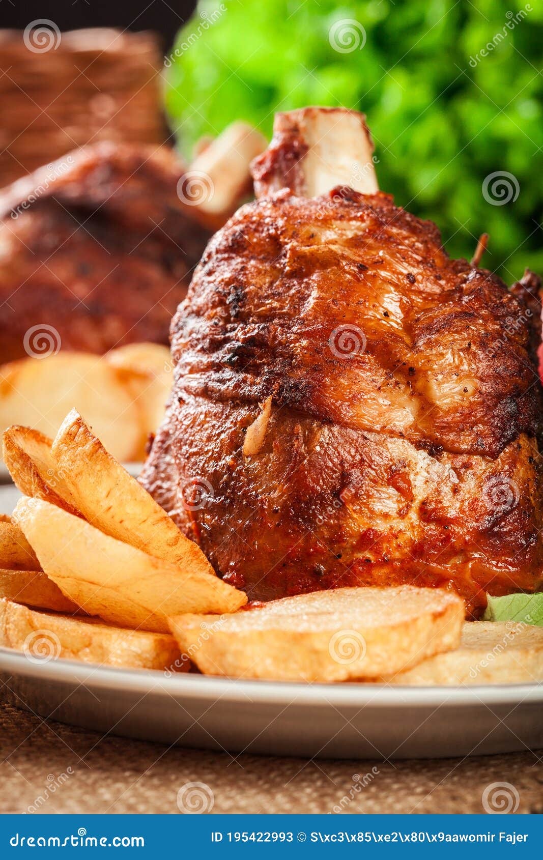 Roasted Turkey Knuckle with Fried Potato Slices Stock Image Image of