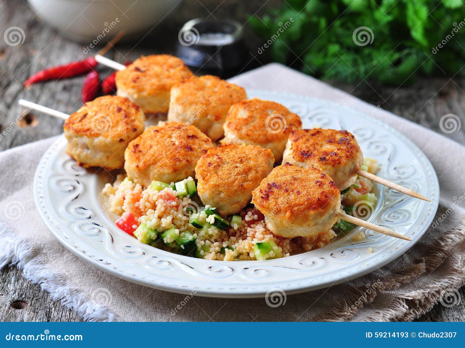 Roasted Turkey Meat Balls with Couscous and Vegetables Stock Image
