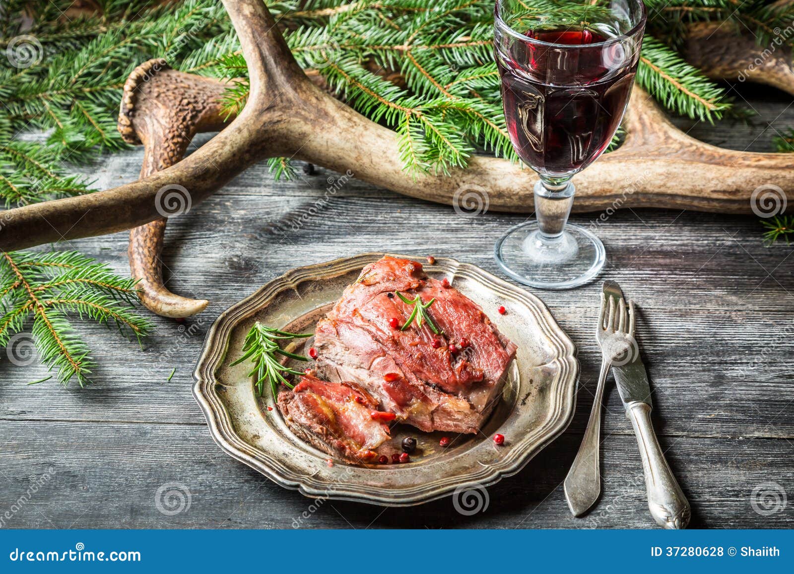 Roasted Venison Served with Red Wine Stock Photo Image of garlic