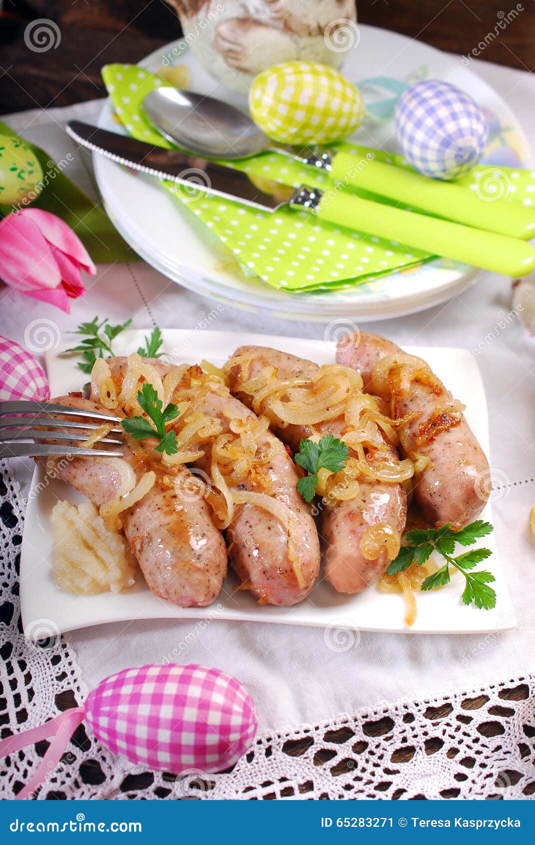 Roasted White Sausage with Onion for Easter Stock Image Image of parsley, easter 65283271