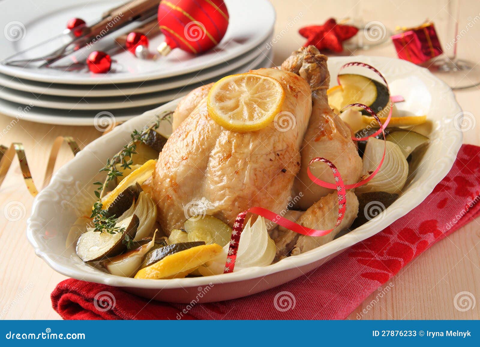 Roasted Whole Chicken with Christmas Decoration Stock Image Image of