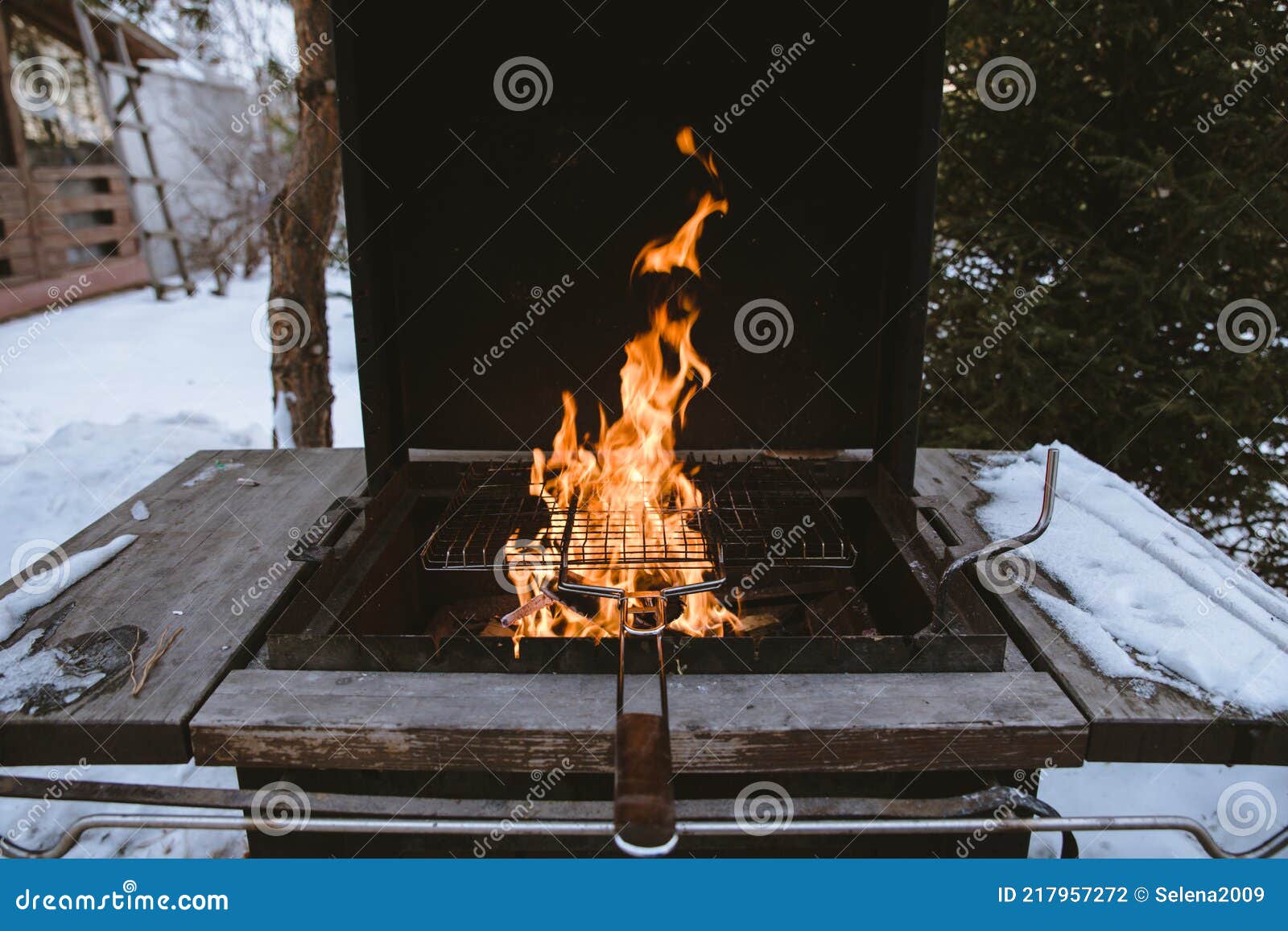 Roasting the Grill Grate. the Fire is Burning in the Grill Stock Photo