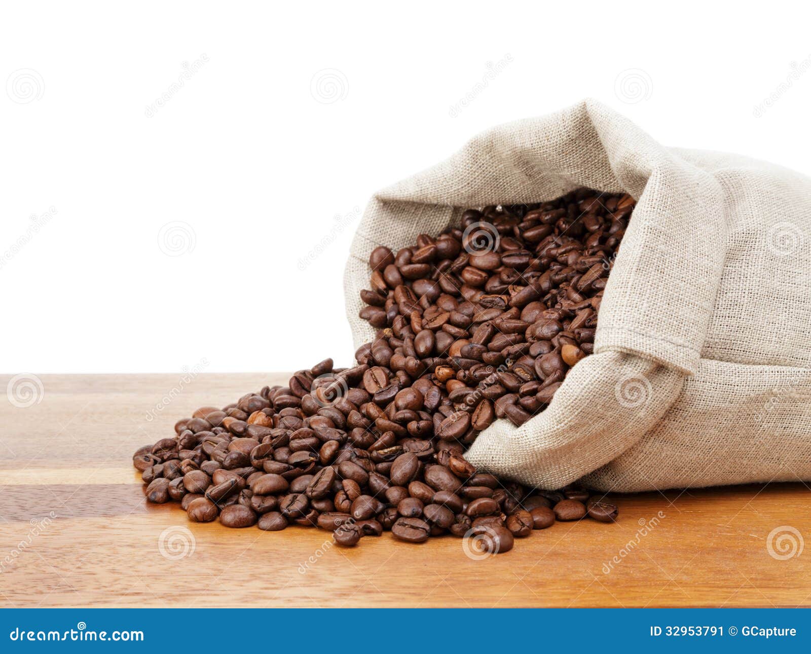 Roated Coffee Beans Spill Out Of The Bag Stock Image