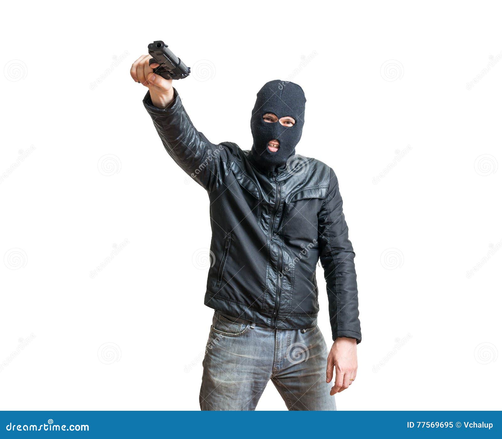 Robbery in store. Robber is aiming and threatening with gun in shop. Stock  Photo