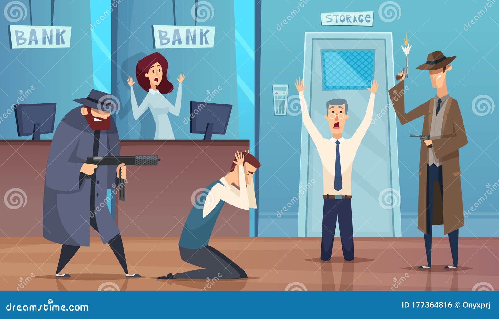 Robbery In Bank With Hostages Vector Illustration