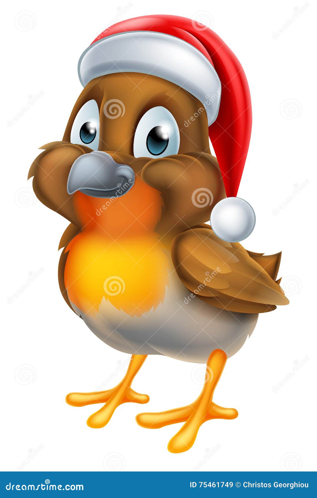 Robin Christmas Bird Cartoon. Ein Karikaturrotkehlchen Weihnachtsvogel, der einen Santa Claus-Hut trägt