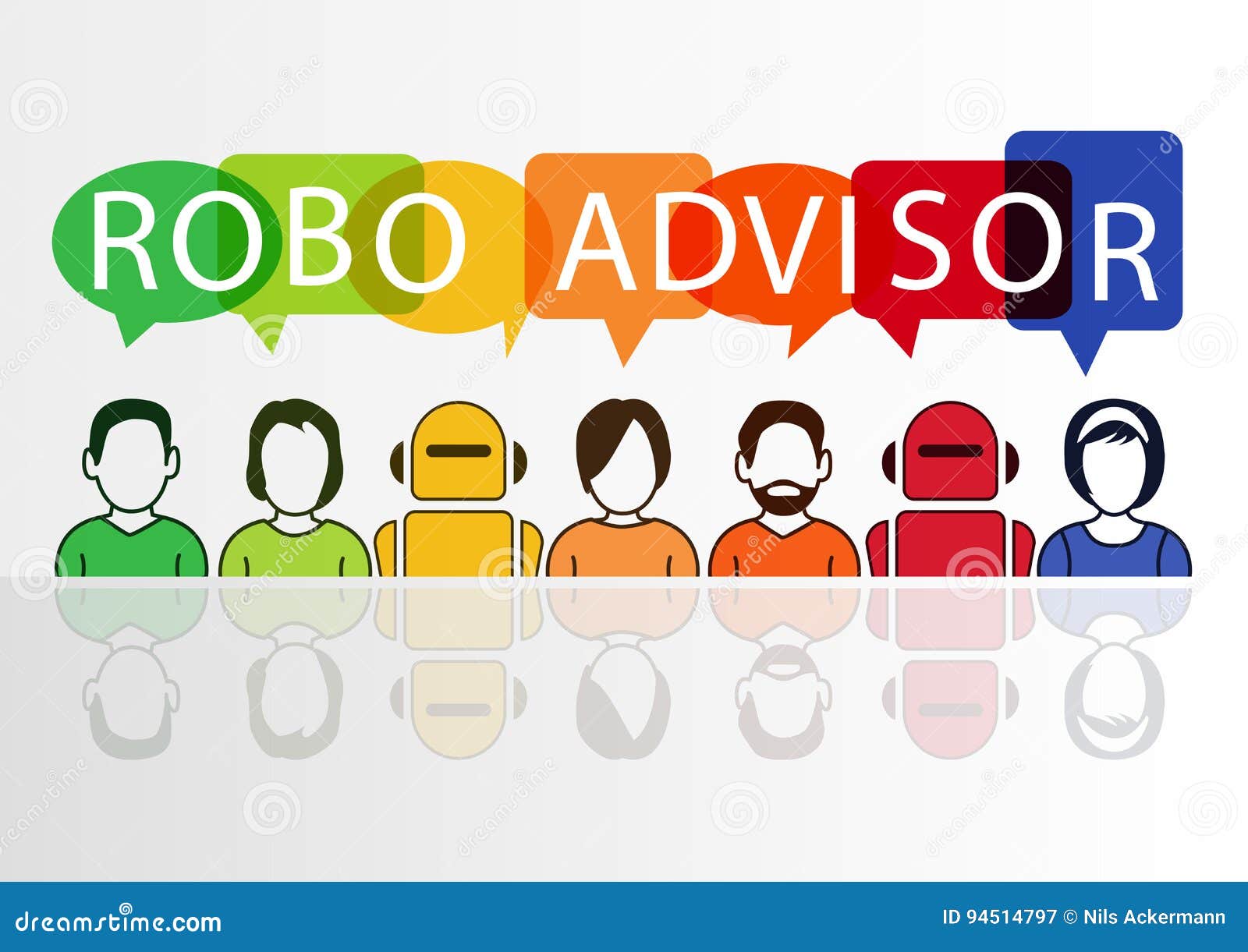 robo-advisor concept as  with colorful icons of robots and persons