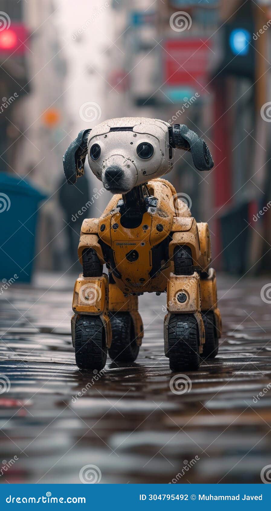 robo companion small robot dog strolling through the city streets