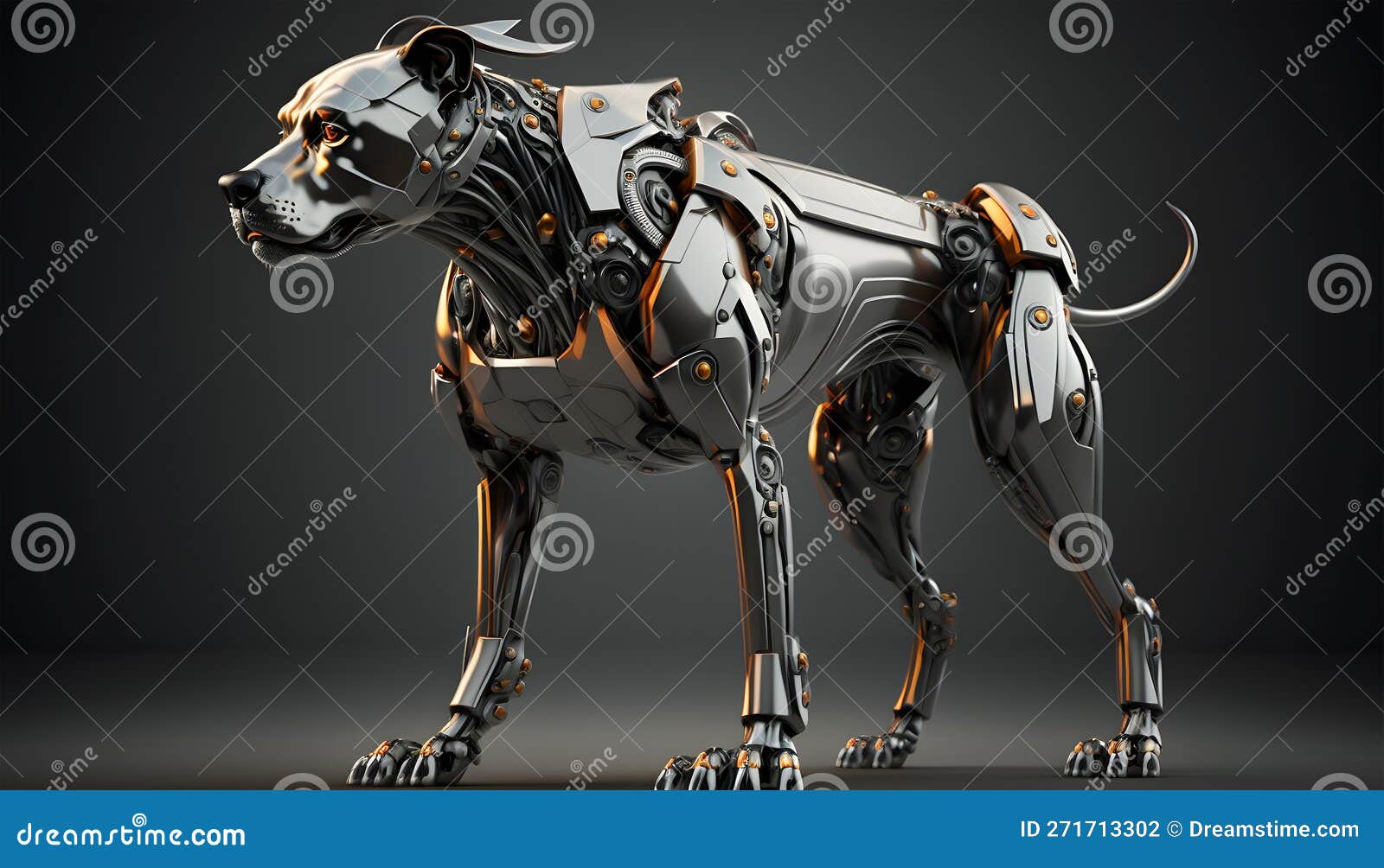 robo dog. 3d rendering of a metal dog  on a black background. generative ai technology