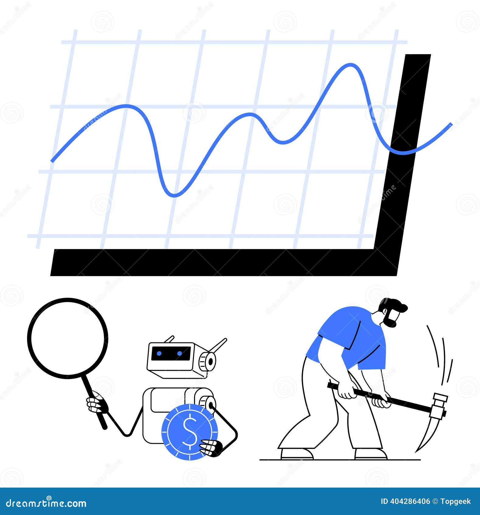 Robot Analyzing Cryptocurrency Trends and Miner Working with Tools Next To  a Rising Graph Stock Vector - Illustration of pickaxe, growth: 404286406