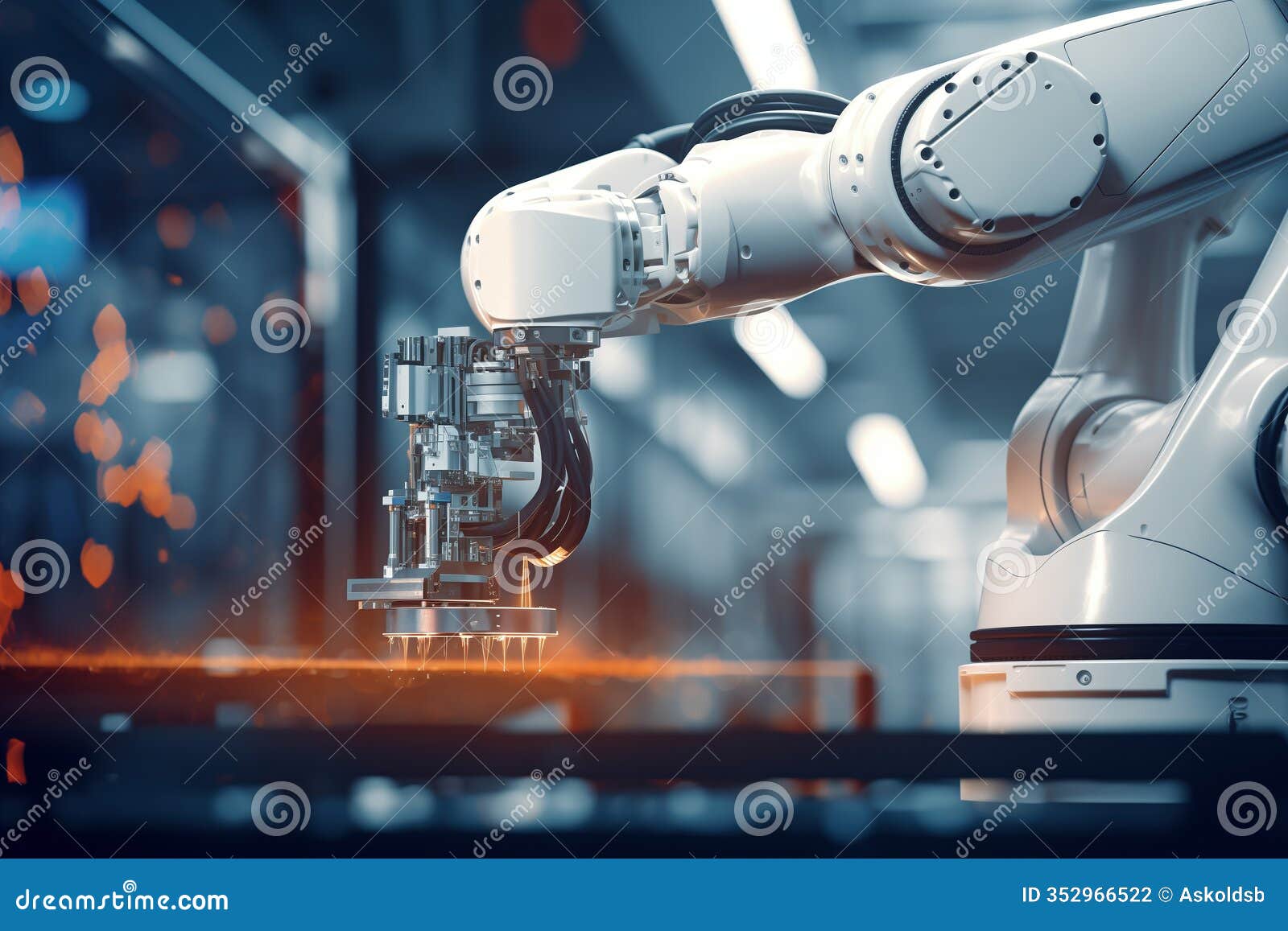 a robot arm operating in a futuristic factory, artistic bokeh background