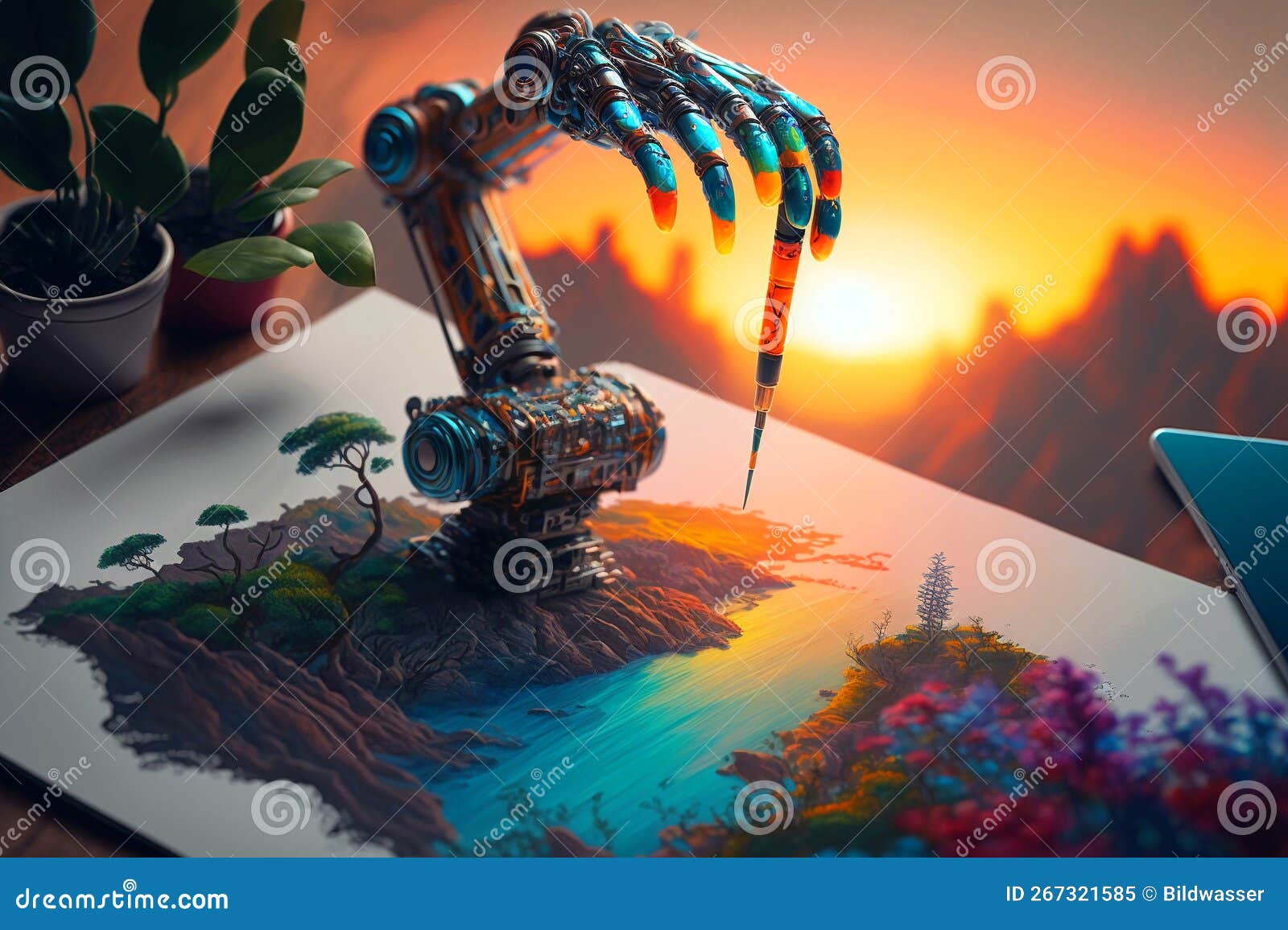 Robot Arm is Painting Beautiful Ki Design. Generative Ai Stock