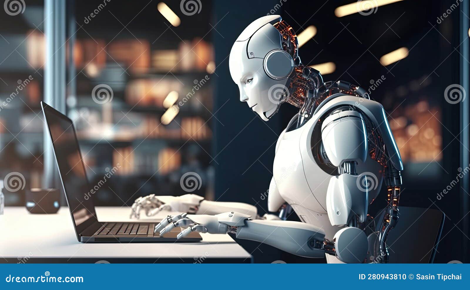 robot autonomous concept. many ai cyborg android working with laptop in office. chat gpt chatbot