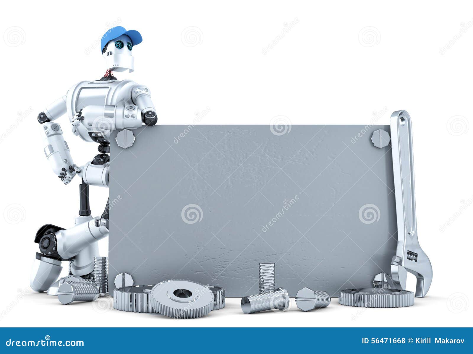 robot with blank metallic banner. . contains clipping path