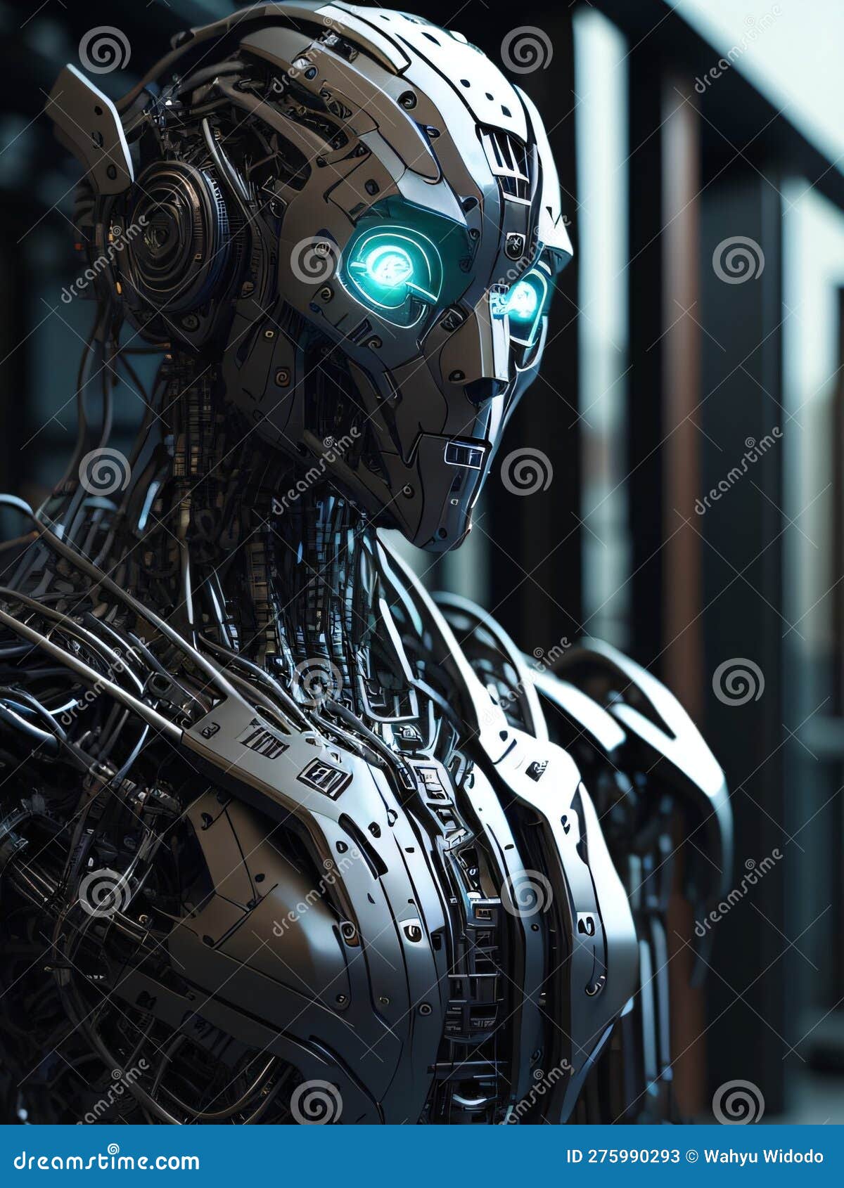 A Robot with Blue Eyes and a Glowing Green Light. 3D Illustrated Stock