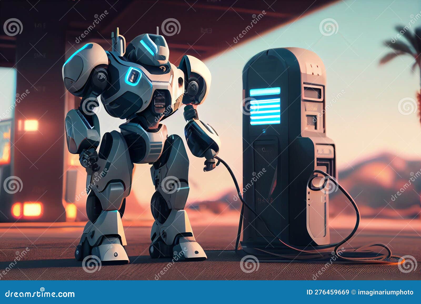 Robot Charge with Electric Charging Station Stock Illustration