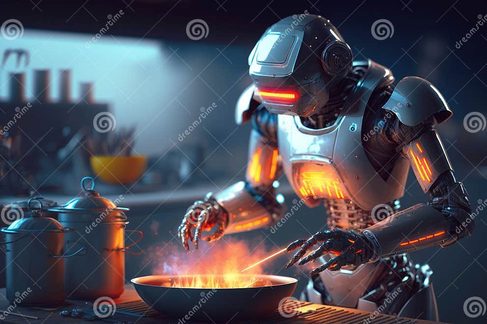 Robot Chef Cooking Food in Restaurant Cuisine. Future of Cooking and Robotic Culinary Revolution 