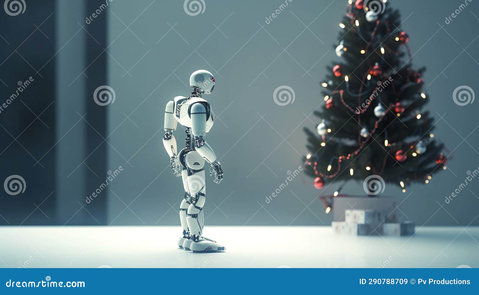 Robot, Christmas Tree and Gifts, Generative AI. Stock Image - Image of